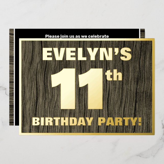11th Birthday Party: Bold, Faux Wood Grain Pattern Folieneinladung (Vorderseite/Rückseite)