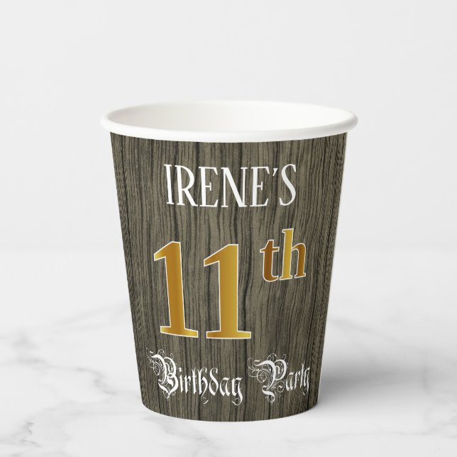 11th Birthday Party — Faux Gold & Faux Wood Looks Pappbecher (Rückseite)