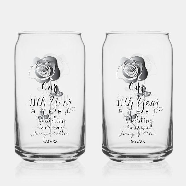 11th Year Wedding Anniversary Steel Rose Can Glass Dosenglas (Vorderseite)