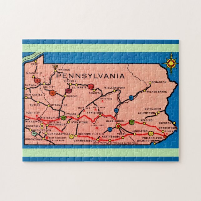 11x14 Vintage Pennsylvania Karte Puzzle (Horizontal)