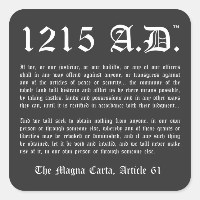 1215 A.D.™ Magna Carta Artikel 61 Aufkleber (Vorderseite)