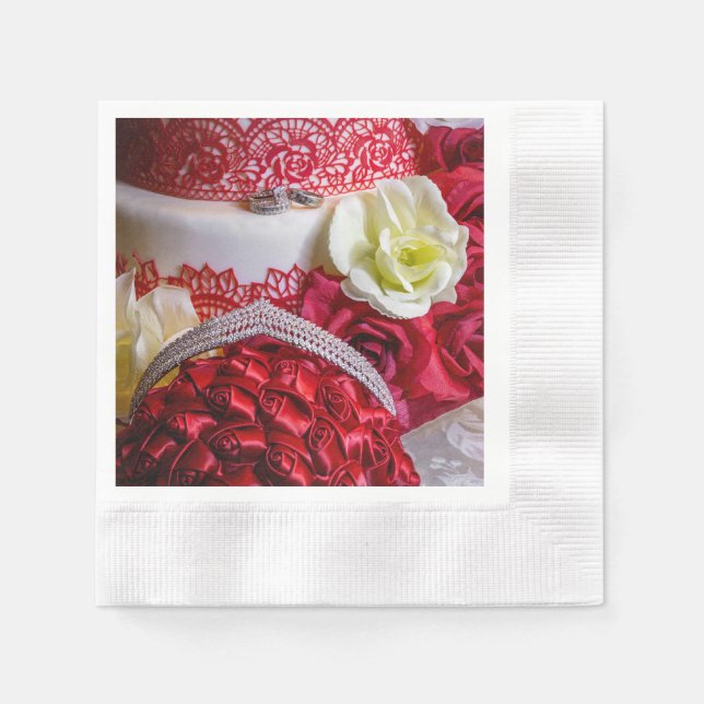 1242-Hochzeitstorte, Bouquet und Rings Serviette (Vorderseite)