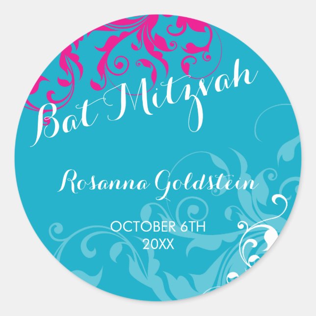 128-Marnie BAT MITZVAH blühte türkis pink Runder Aufkleber (Vorderseite)