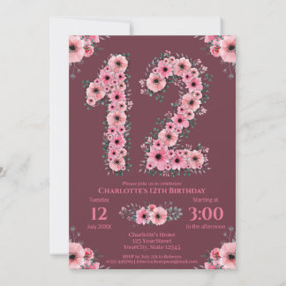 12. Big Birthday Girl Pink Blume Green Foliage Einladung
