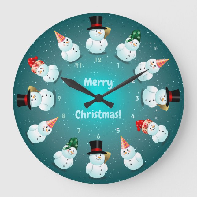 12 Coole Schneemänner feiern Weihnachten Große Wanduhr (Vorderseite)