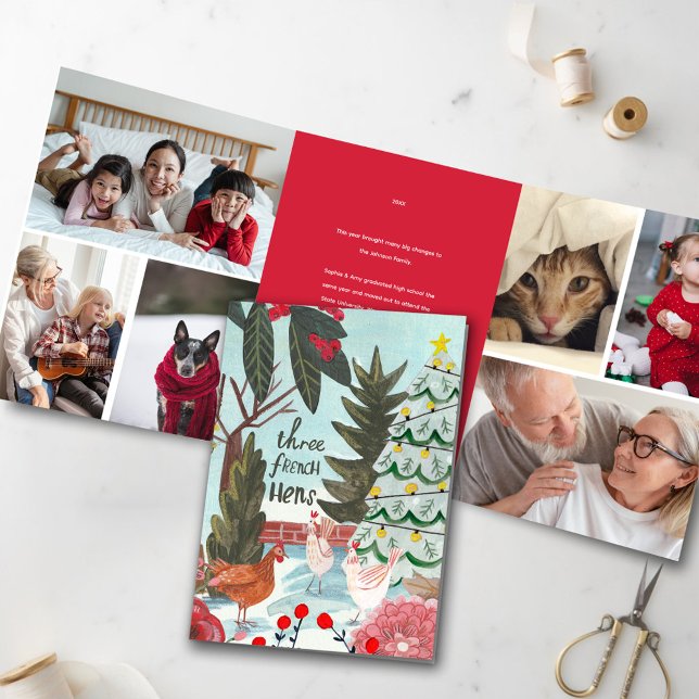 12 days Christmas Three French Hens Photo Holiday Dreifach Gefaltete Einladung (Tri Fold 12 Days of Christmas, Three French Hens illustrations Photo Greeting Card)