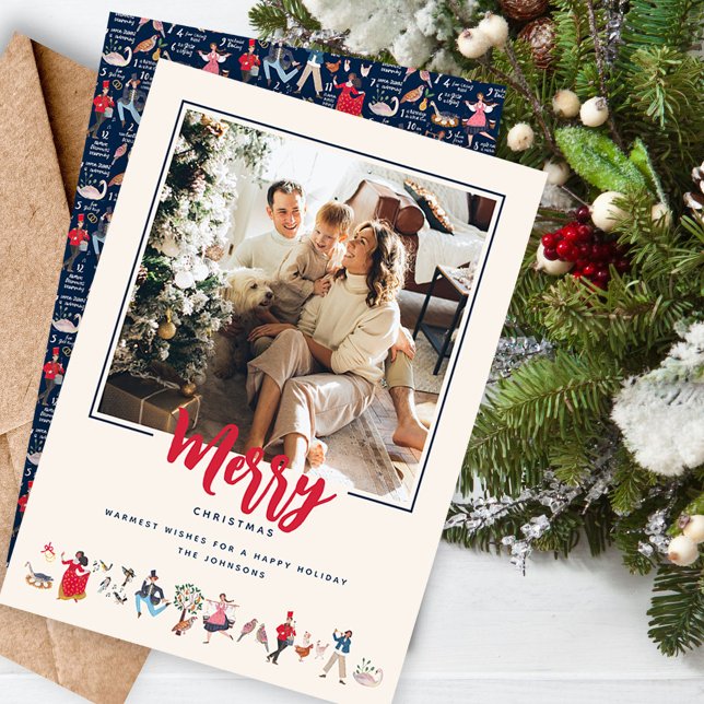 12 Days of Christmas ecru Photo Feiertagskarte (12 days of Christmas traditional classic Holiday Photo greeting card.)