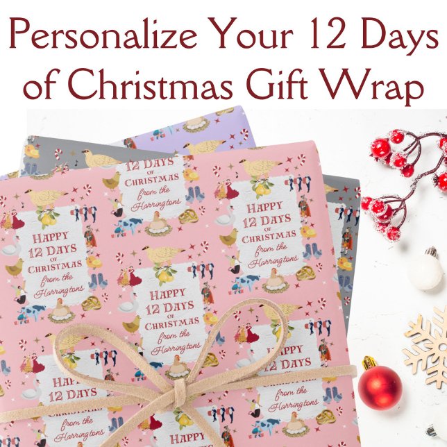 12 Days of Christmas Retro Pastel Personalized  Geschenkpapier Set (Our 12 Days of Christmas gift wrap comes in three pastel colors -- gray, pink, and lavender purple.)