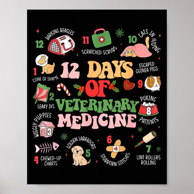 12 Days Of Veterinary Medicine Funny Christmas Vet Poster (Vorne)