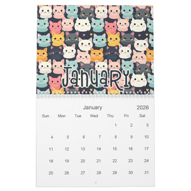 12 Designs für Niedliche Katzen - Nahtlose Muster Kalender (Jan 2026)
