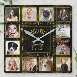 12 Familienfoto Collage Black Gold Marmor Custom Quadratische Wanduhr