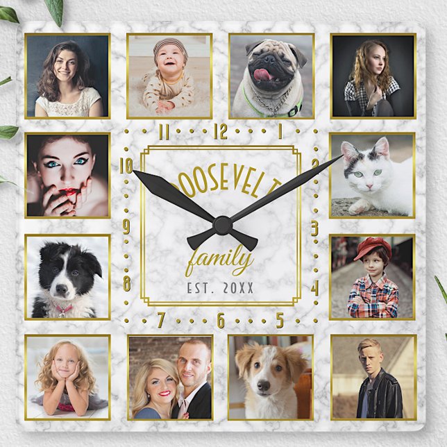 12 Familienfoto Collage White Gold Marmor Custom Quadratische Wanduhr (Von Creator hochgeladen)