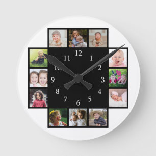 12 Familienfotocollage kreieren Ihr eigenes Schwar Runde Wanduhr