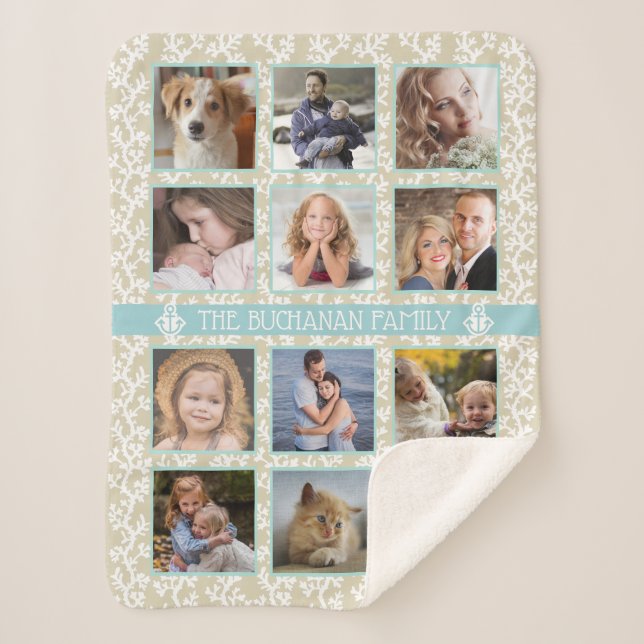 12 Familienfotos Collage Beach Coral Nautical Easy Sherpadecke (Vorderseite)