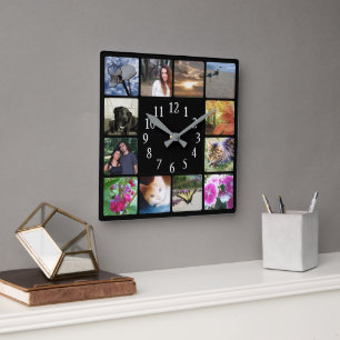 12 Family Multi Foto Collage Square Schwarz Modern Quadratische Wanduhr