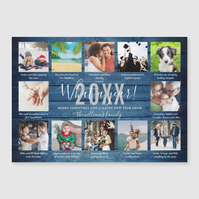 12 Foto Captions What A Year Blue Wood Holiday Magnetkarte (Vorderseite)