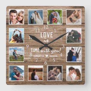 12 Foto-Collage 5 Jahre Holzene Hochzeit Jubiläum  Quadratische Wanduhr