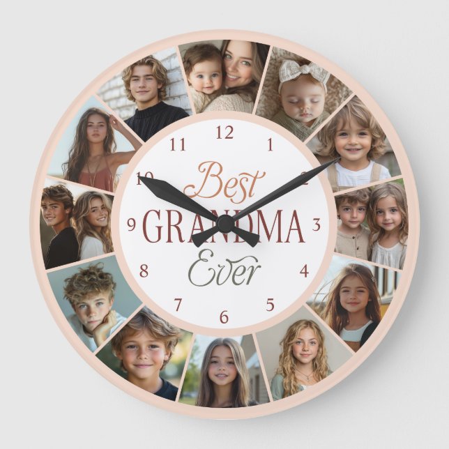 12-Foto-Collage-Beste-Oma-aller-Zeiten-große-Uhr Große Wanduhr (Vorderseite)