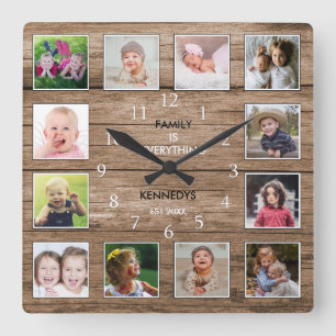 12 Foto Collage Familienangebot reclased Holz Quadratische Wanduhr