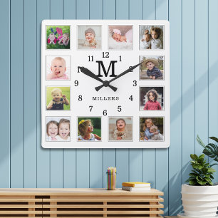 12 Foto-Collage Familienname Monogramm Schwarz Wei Quadratische Wanduhr