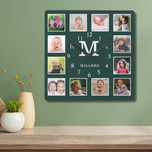 12 Foto-Collage Familienname Monogramm Waldgrün Quadratische Wanduhr
