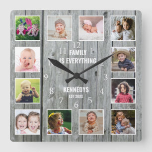 12 Foto Collage Familienname Rustikales graues Hol Quadratische Wanduhr