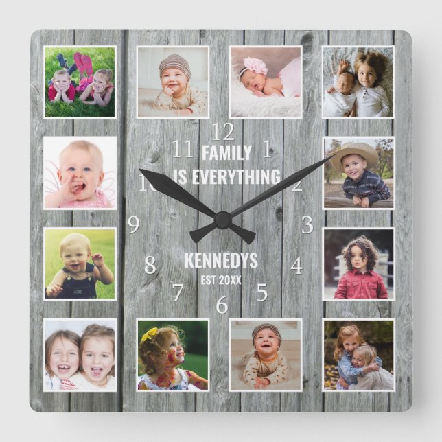 12 Foto Collage Familienname Rustikales graues Hol Quadratische Wanduhr (Vorderseite)