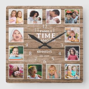12 Foto Collage Familienzeitangebot Holz reclased Quadratische Wanduhr