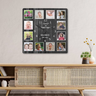12 Foto Collage Family Quote Palette Holz Schwarz Quadratische Wanduhr