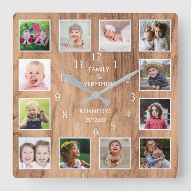12 Foto Collage Family Quote Weathered Wood Quadratische Wanduhr (Vorderseite)