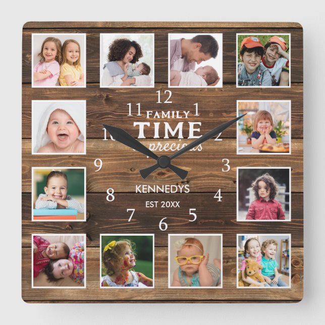 12 Foto Collage Family Time Quote Bauernhof Holz Quadratische Wanduhr (Vorderseite)