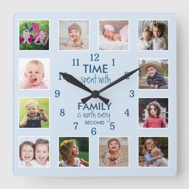 12 Foto Collage Family Time Quote Pastel blau Quadratische Wanduhr (Vorderseite)