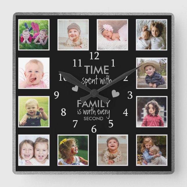 12 Foto Collage Family Time Zitat Black Silver Quadratische Wanduhr (Vorderseite)