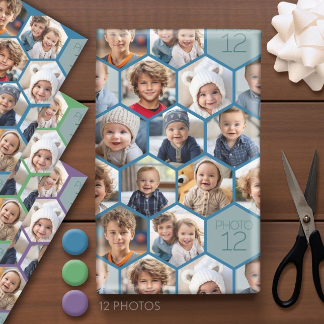12 Foto Collage - Funky hexagon Honeycomb Muster Geschenkpapier Set (Custom Photo Wrapping Paper)