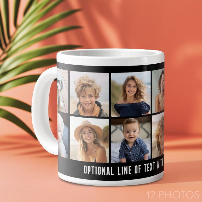 12 Foto Collage Grid - Textfeld - Schwarz-weiß Jumbo-Tasse (Custom Photo Collage Mug)