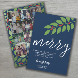 12 Foto Collage - Merry Script - Navy Botanical Feiertagskarte