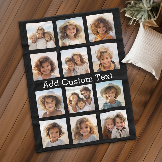 12-Foto-Collage - moderne schwarze Minimal-Hinterg Fleecedecke (Personalized fleece blanket with 12 photos and custom text - Makes a great Gift)