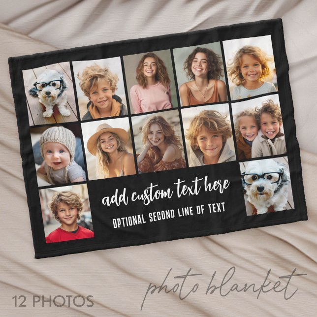 12-Foto-Collage-Raster - 2 Textfelder - schwarz we Fleecedecke (Photo Blanket - Personalize with Your Photos)