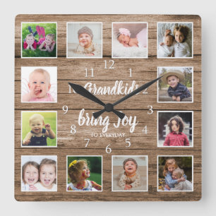 12 Foto Collage Rustic Barn Wood Grandkids Zitat  Quadratische Wanduhr