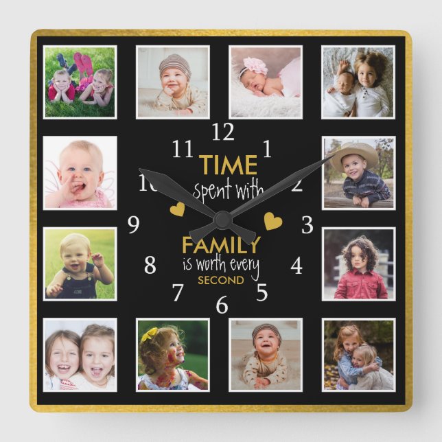 12 Foto Collage Time mit Familienangebot Black Gol Quadratische Wanduhr (Vorderseite)
