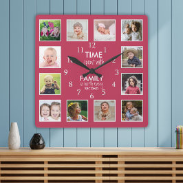 12 Foto Collage Time mit Familienangebot Majenta Quadratische Wanduhr