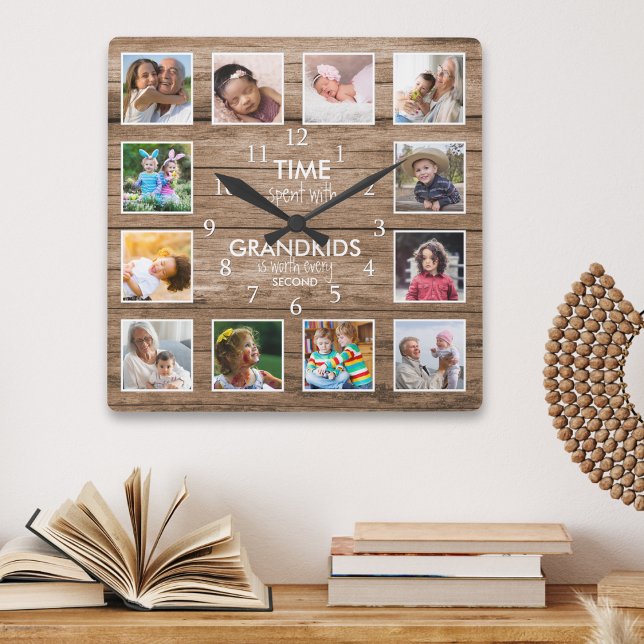 12 Foto Collage Time mit Grandkids Zitat Quadratische Wanduhr (12 Photo Collage Time Spent With Grandkids Quote Square Wall Clock
)