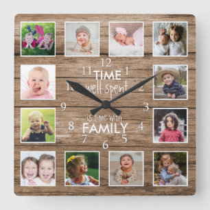 12 Foto-Collage Zeit mit Familie Zitat Holz Quadratische Wanduhr