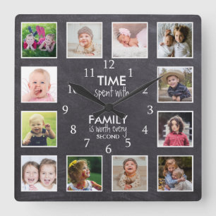 12 Foto-Collage Zeit mit Familie Zitat Schiefertaf Quadratische Wanduhr