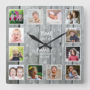 12 Foto-Collage Zeit mit Familienzitat Grau Holz Quadratische Wanduhr