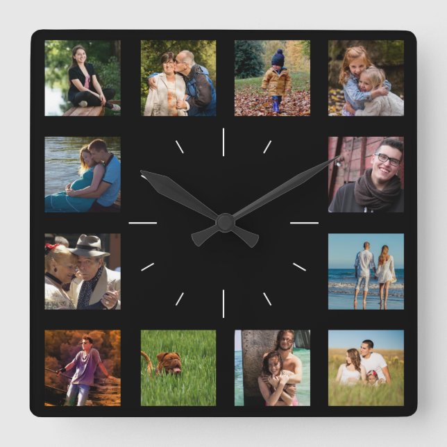 12 Foto der Bildfamilie ✨ Collage Custom Quadratische Wanduhr (Vorderseite)