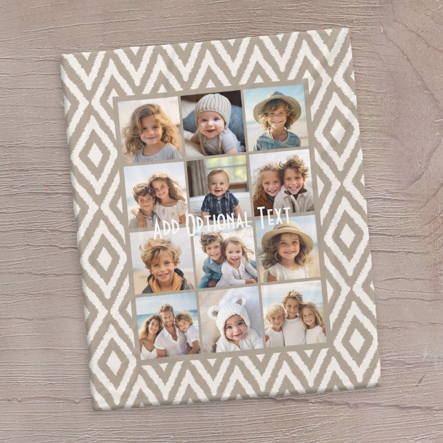 12 Foto Instagram Collage Khaki Ikat Muster Fleecedecke (12 Photo personalized blanket with a tribal pattern)
