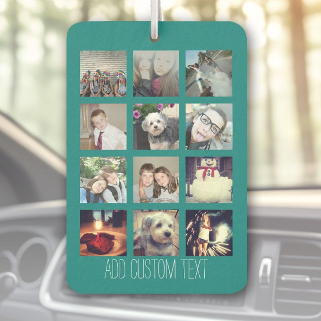 12 Foto Instagram Collage mit Aquamarinem Hintergr Autolufterfrischer (Custom Air Freshener with Photo Collage)
