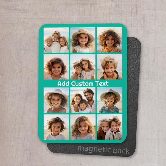 12 Foto Instagram Collage mit grünem Hintergrund Magnet (Personalized refrigerator magnet with photo collage and custom text - add 12 photos to this design)