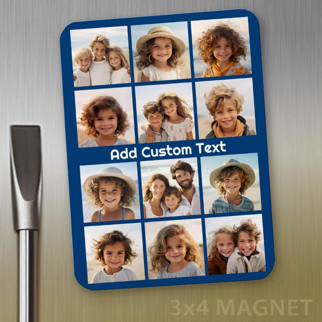 12 Foto Instagram Collage mit Marinehintergrund Magnet (Personalized refrigerator magnet with photo collage and custom text - add 12 photos to this design)